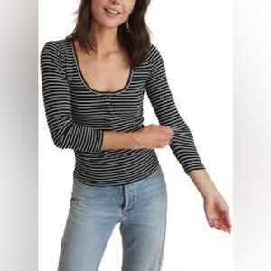 Marine Layer Stripe Printed Henley Long Sleeve Top Tee Black & White medium